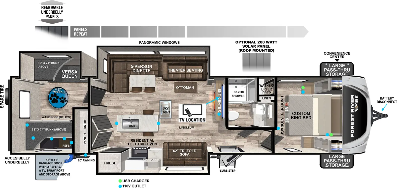 The Vibe 3400BH floorplan has one entry and three slide outs. Exterior features include: fiberglass exterior, 20' awning and outside kitchen. Interiors features include: bunk beds, kitchen island and front bedroom.